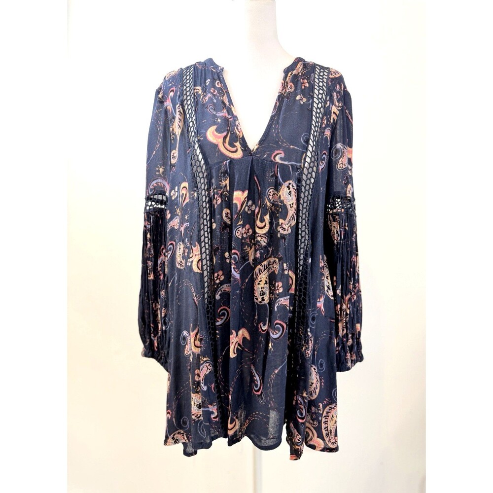 Free People S Paisley Boho Tunic Blouse Blue Crochet Lace Peasant Festival Faded